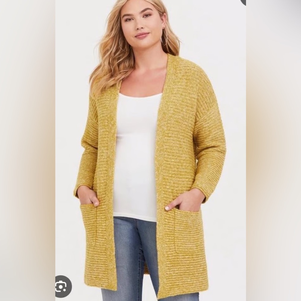 Torrid yellow knit long line open front large pocket cardigan sweater